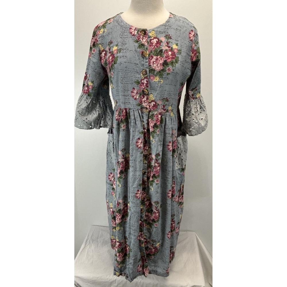 Bombay Paisley Floral Midi Dress Sz Large Women Blue Eyelet Sleeves Cottagecore